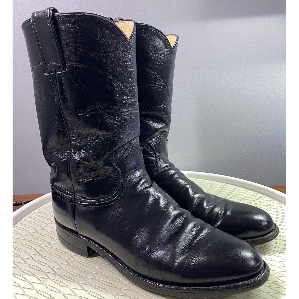 JUSTIN Men's Black Leather Western Motorcycle Riding Cowboy Boots Sz.‎ 7D USA